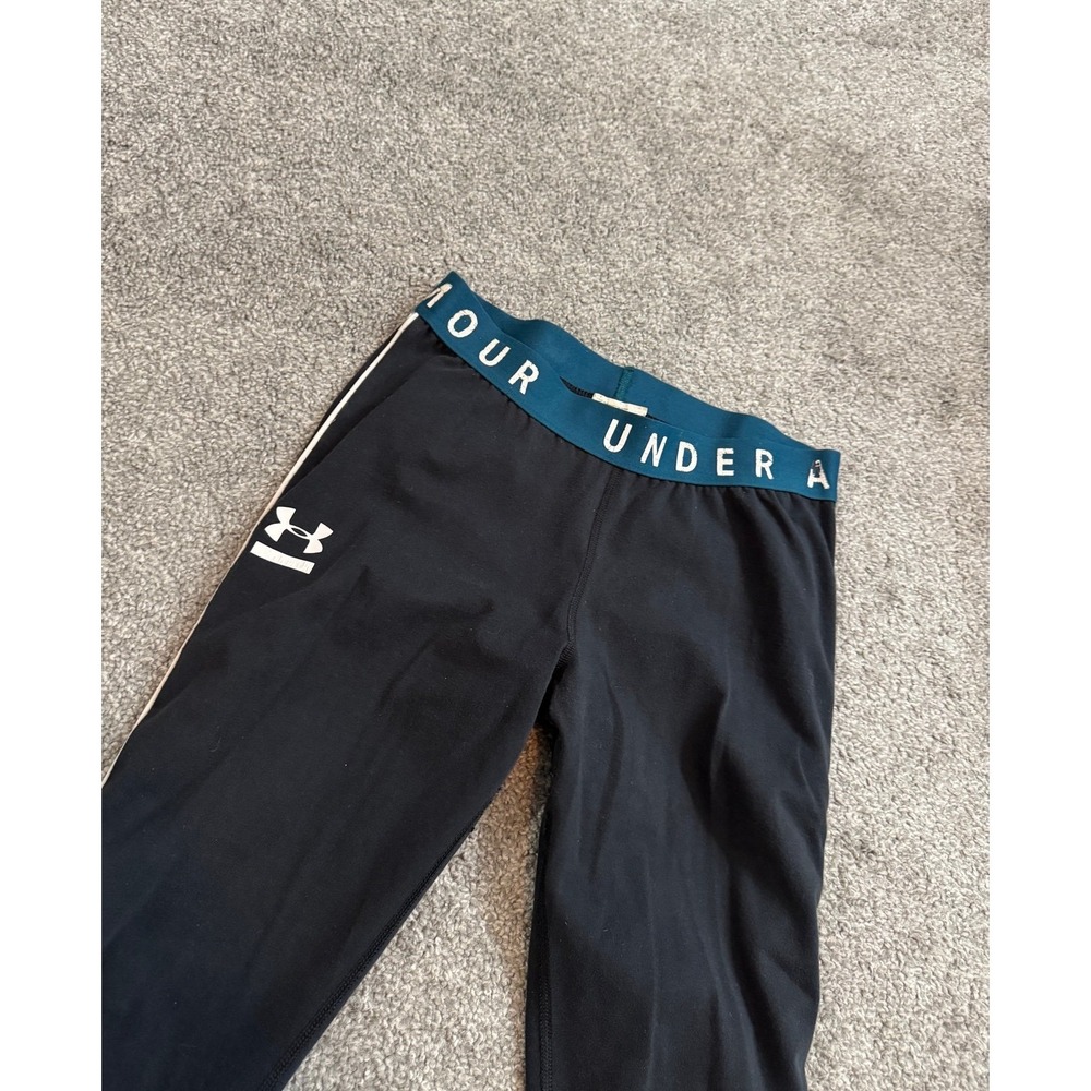 Under Armour Women Black Athletic Leggings Teal Logo Waistband Size M